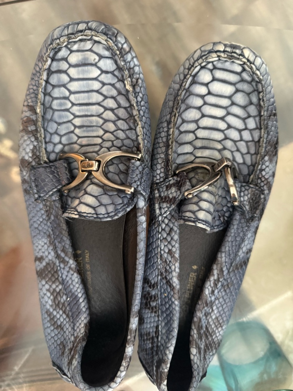 Donald J. Pliner Gray-Blue Snake-Print Loafers with Gold Bit 7.5 driving shoes